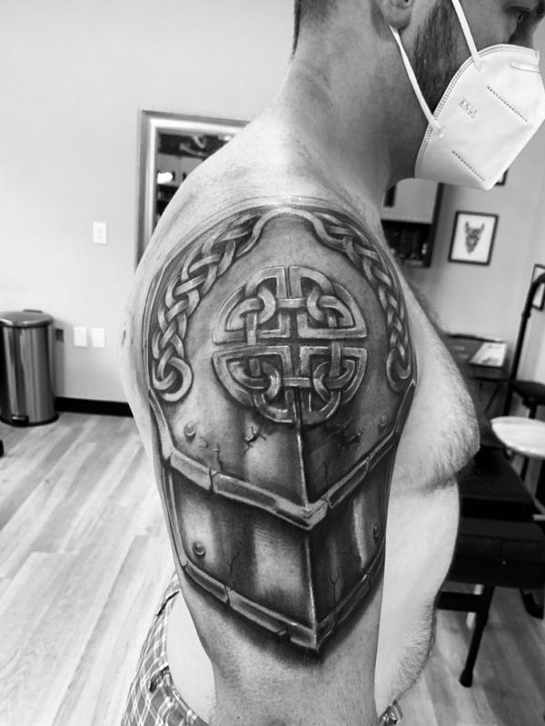 Celtic Armor shield tattoo shoulder