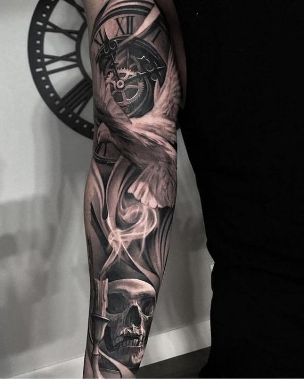 Clock and skull with candle and smoke tattoo sleeve