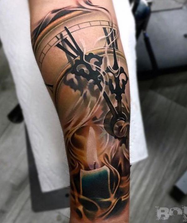 Clock with candle and smoke tattoo