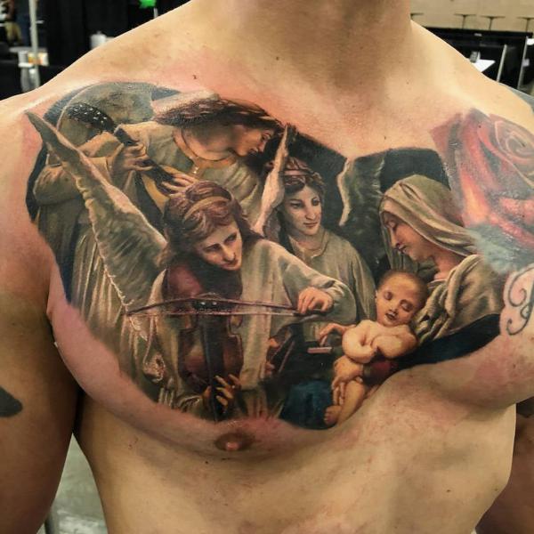 Colored Virgin Mary and Guardian angel chest tattoo