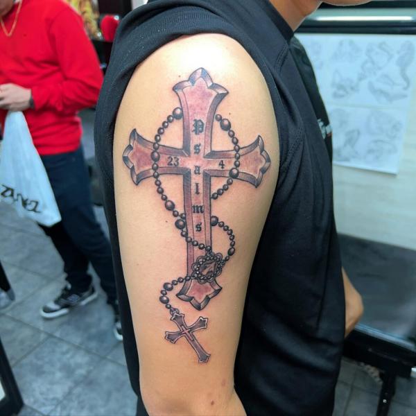 Cross and rosary with psalm 23 4 tattoo