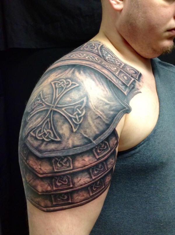 Cross shield tattoo shoulder