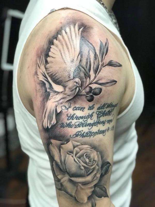 Dove rose and philippians 4 13 tattoo black and grey