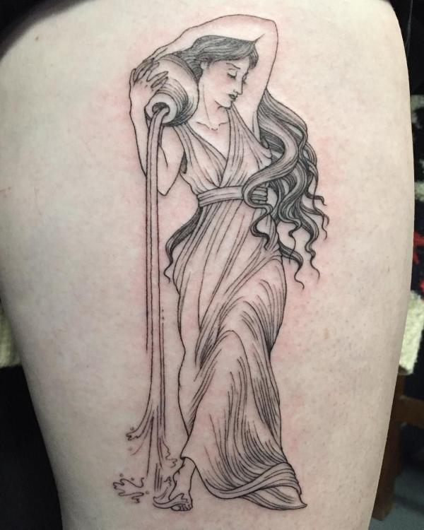 Female Aquarius pouring water tattoo