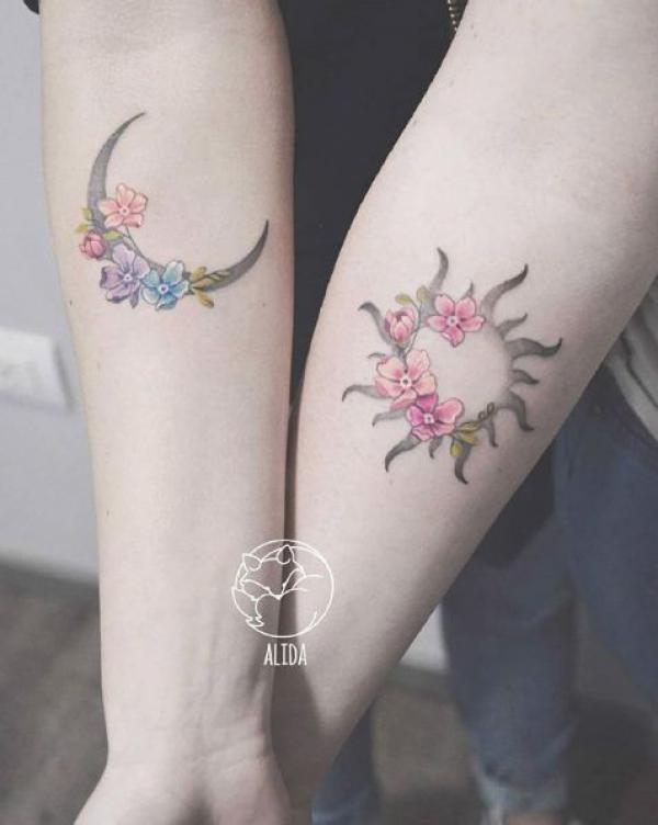 Floral sun and moon tattoo