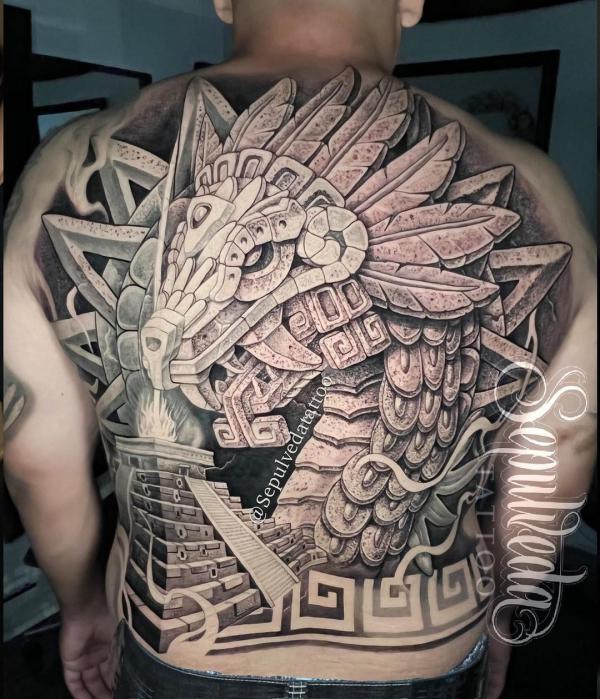 Full back Quetzalcoatl and Pyramid Tattoo