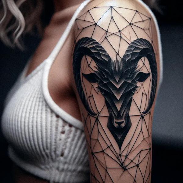 Geometric Capricorn goat head tattoo half sleeve