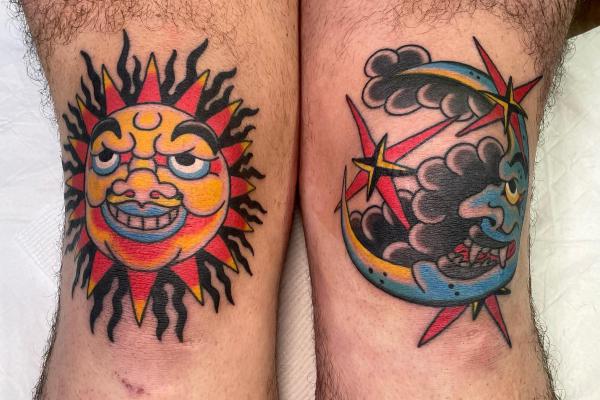 Gothic sun and moon with three stars tattoo traditional