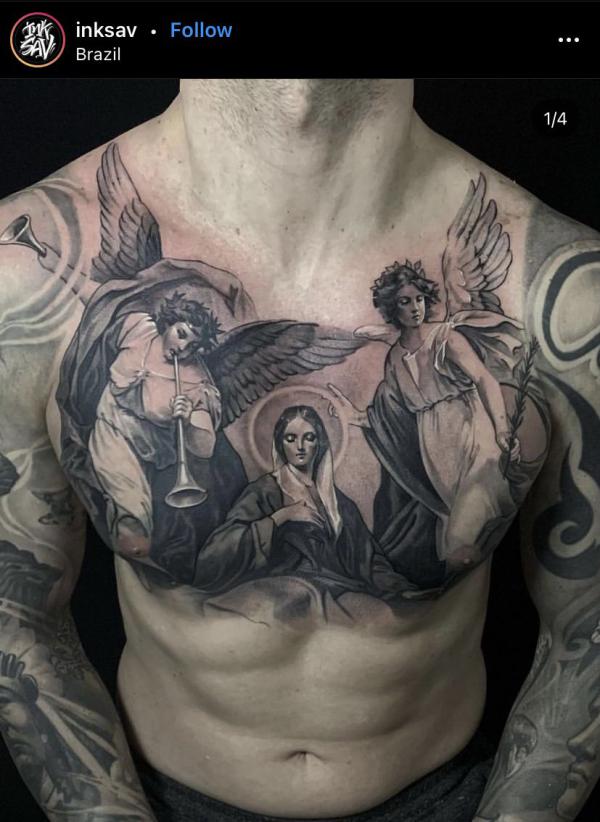Guardian angel and Virgin Mary tattoo chest