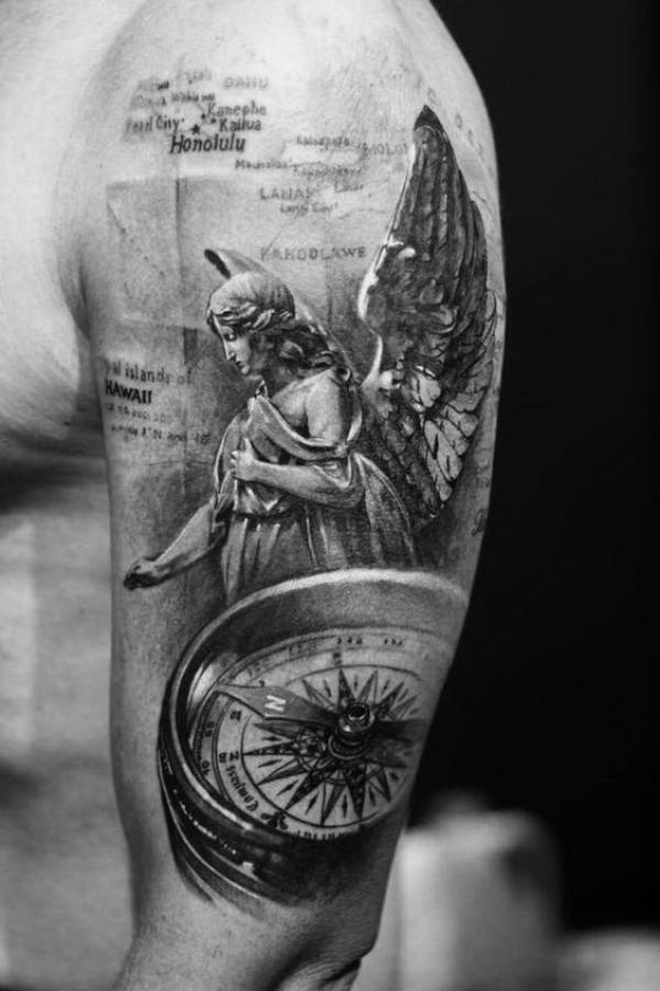 Guardian angel and compass tattoo