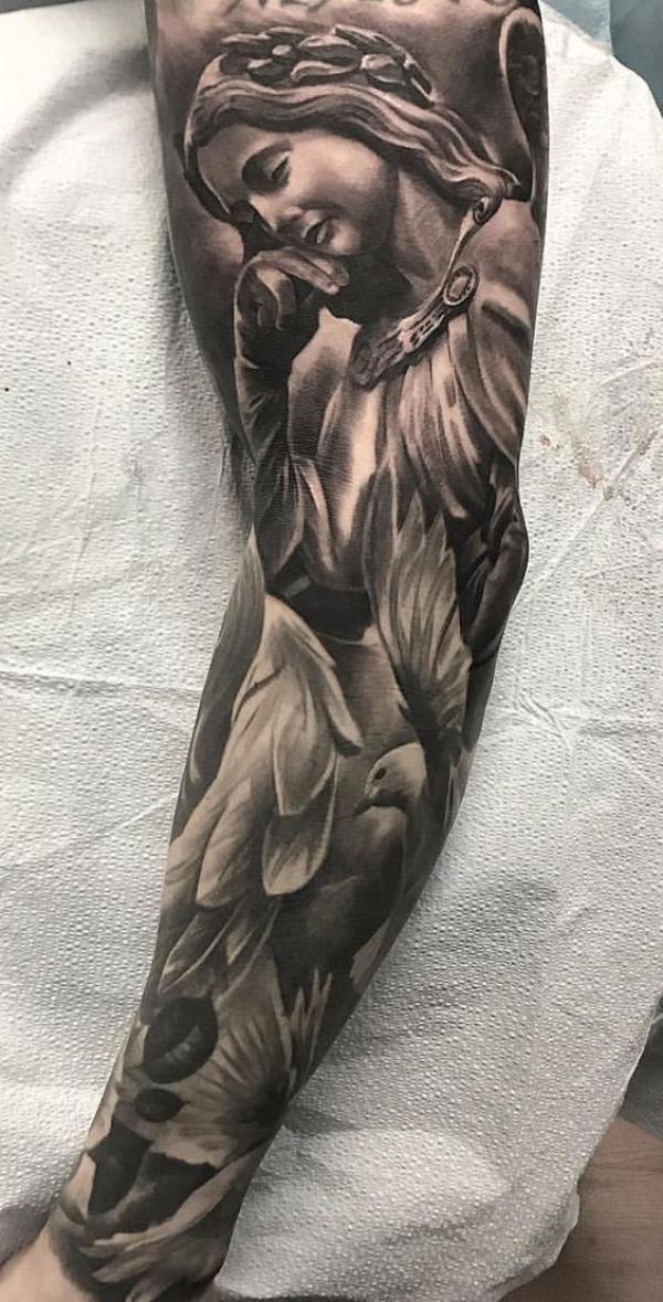 Guardian angel and doves tattoo