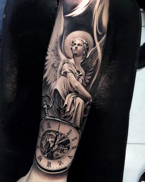Guardian angel and pocket watch tattoo forearm