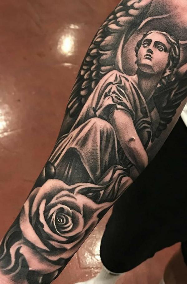 Guardian angel and rose tattoo sleeve
