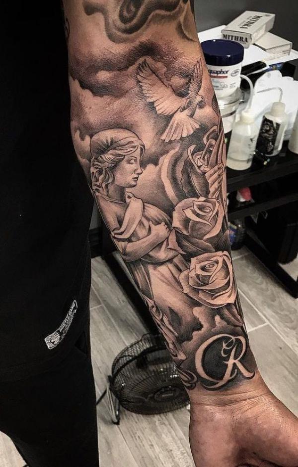 Guardian angel and rose with dove tattoo forearm
