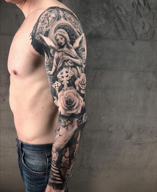 Guardian angel and roses tattoo sleeve