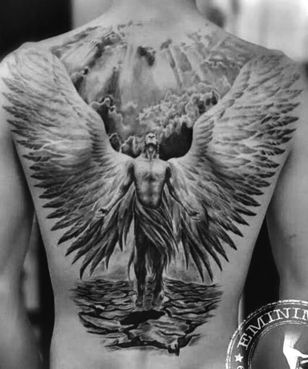Guardian angel in clouds tattoo back