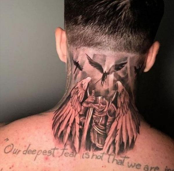 Guardian angel tattoo on the back of neck