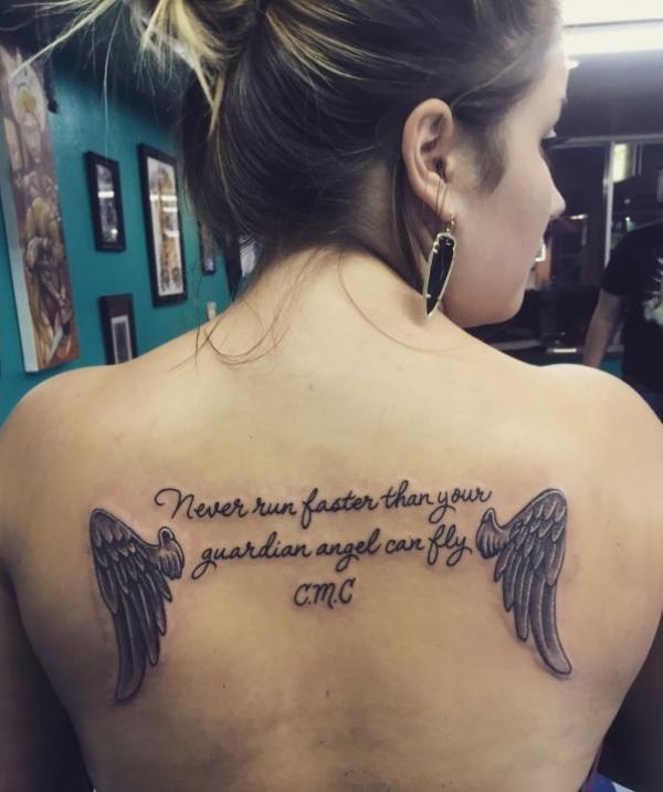 Guardian angel wing tattoo with quote Never run faster than your guardian angel can fly