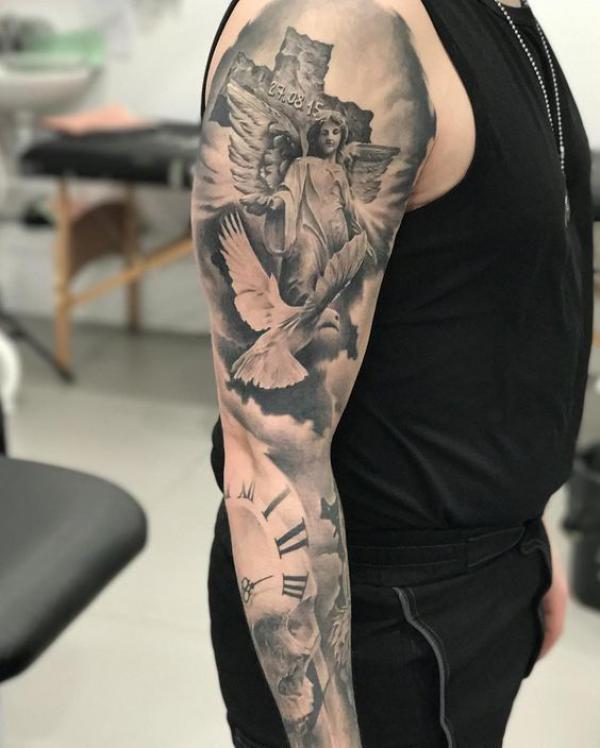 Guardian angel with cross and clock tattoo sleeve