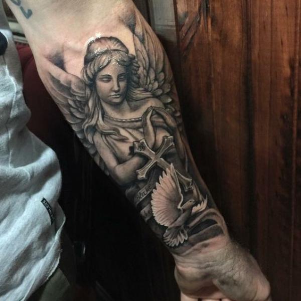 Guardian angel with cross and dove tattoo
