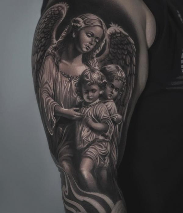 Guardian angel with kids tattoo