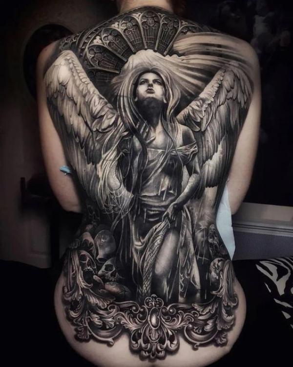 Guardian angel with skulls tattoo full back