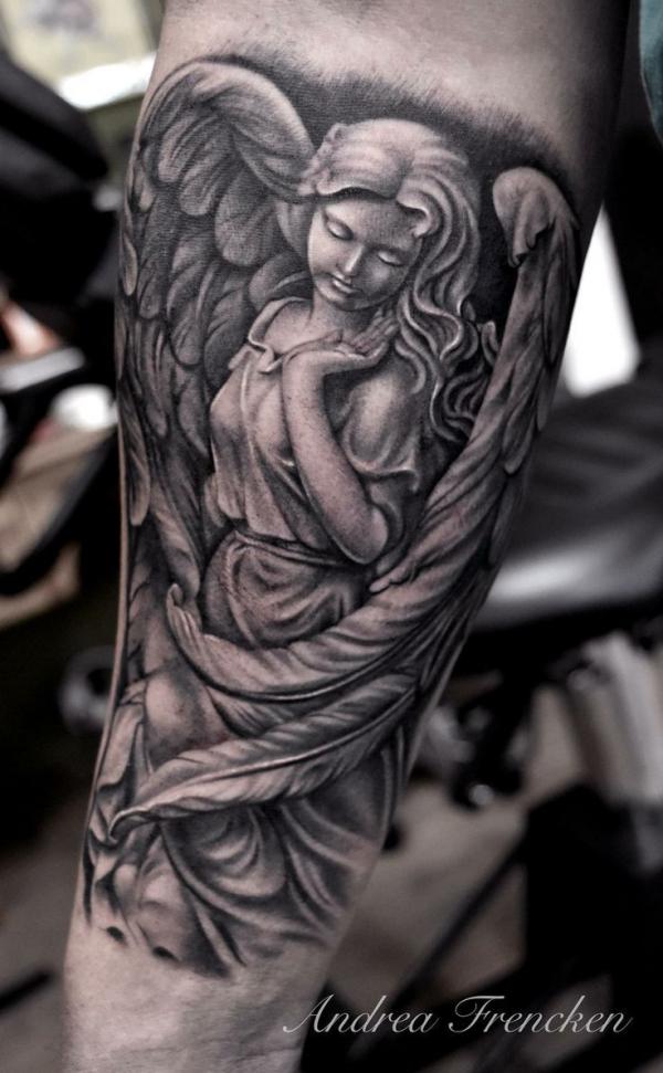 Guardian angel with wings tattoo black and grey