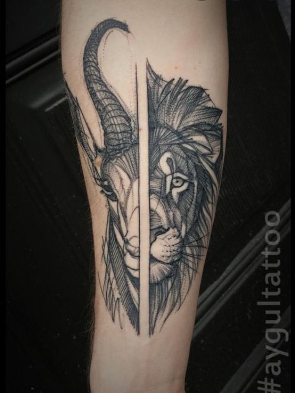 Half Capricorn goat and leo lion tattoo