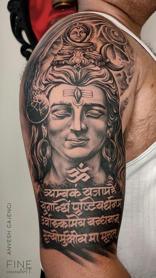 Half sleeve Shiva with mantra tattoo