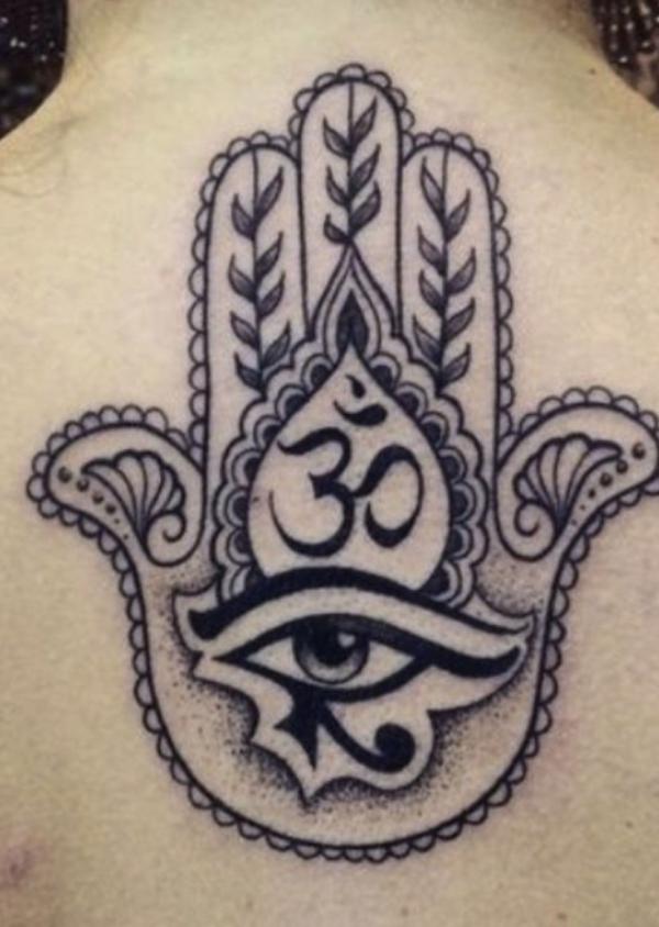 Hamsa Hand with OM and eye of Horus tattoo