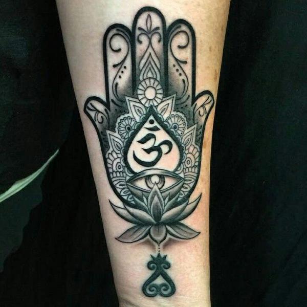 Hamsa Hand with OM and lotus tattoo forearm