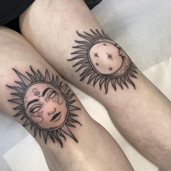 Knee sun and moon tattoo