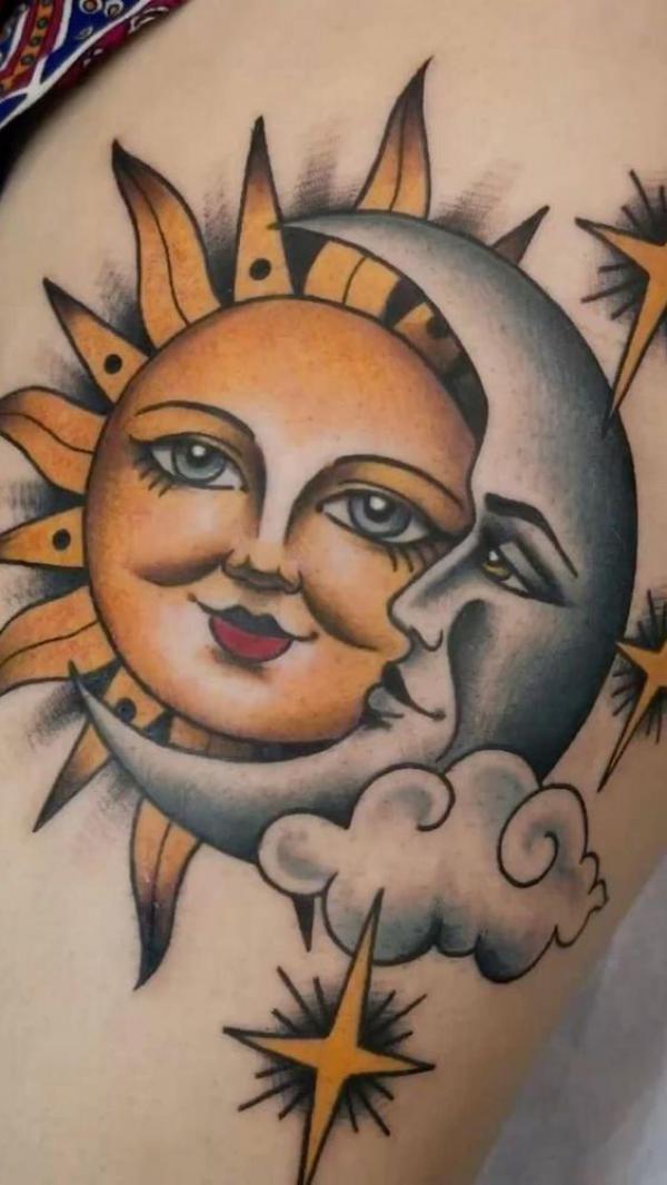 Neo traditional sun and moon faces tattoo