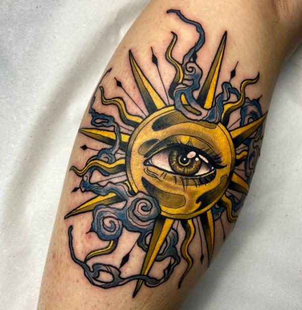 Neo traditional sun with eye tattoo