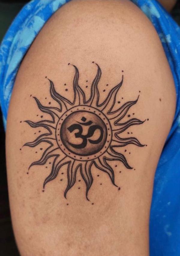 OM and sun tattoo sleeve