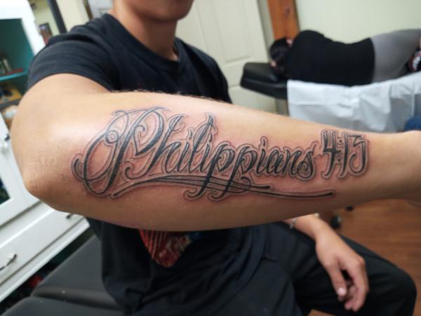 Outer forearm philippians 4 13 tattoo