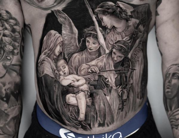 Realistic Virgin Mary and Guardian angels stomach tattoo