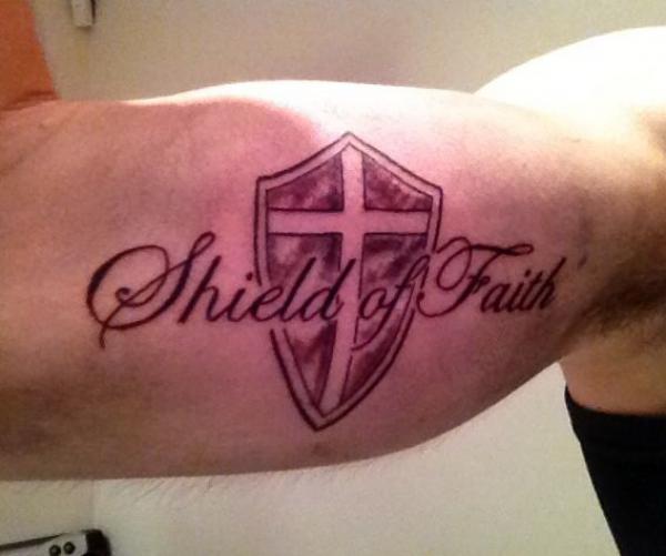 Shield of Faith bicep tattoo