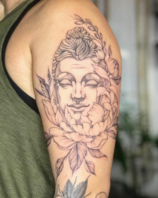 Shiva with flower tattoo half sleeve