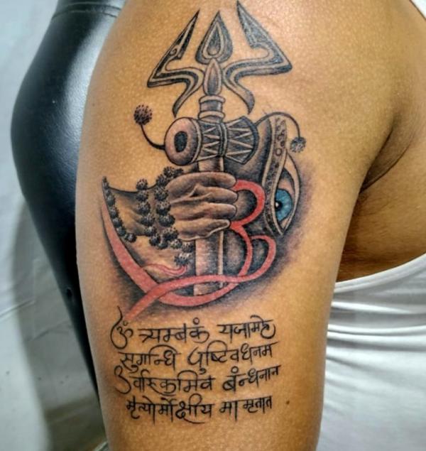 Shiva with mantra tattoo half sleeve