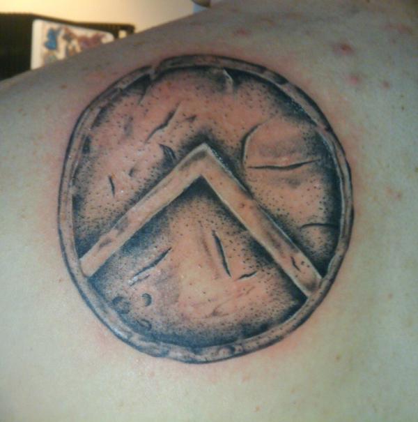 Spartan Shield shoulder blade tattoo