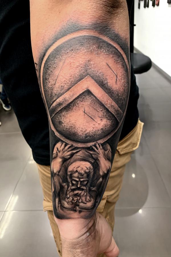 Spatan shield and Atlas tattoo