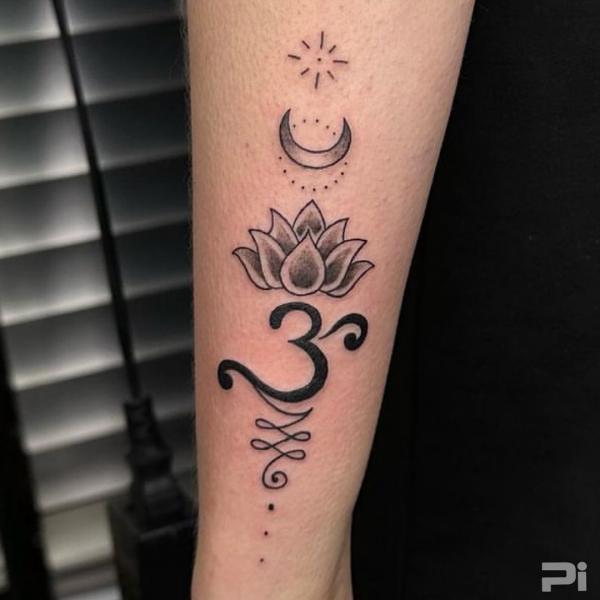 Sun moon lotus OM and unalome tattoo forearm