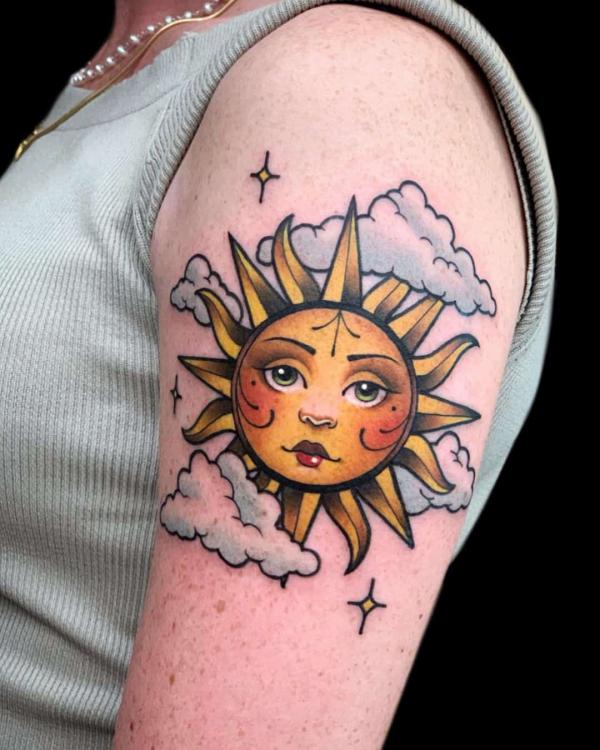Traditional sun and clouds with three stars tattoo