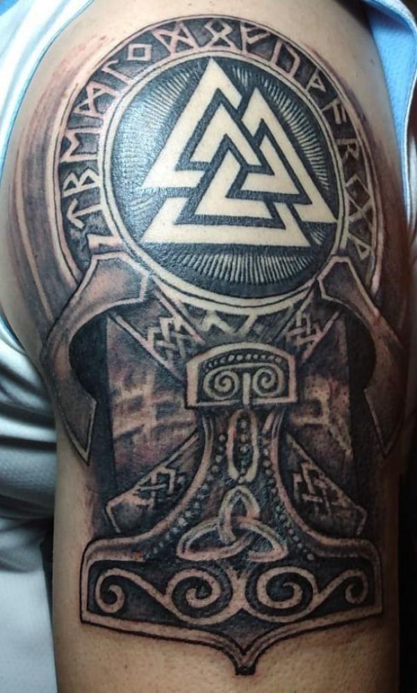 Viking shield with valknut tattoo