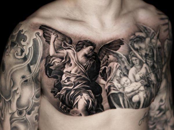 Virgin Mary and Guardian angel chest tattoo
