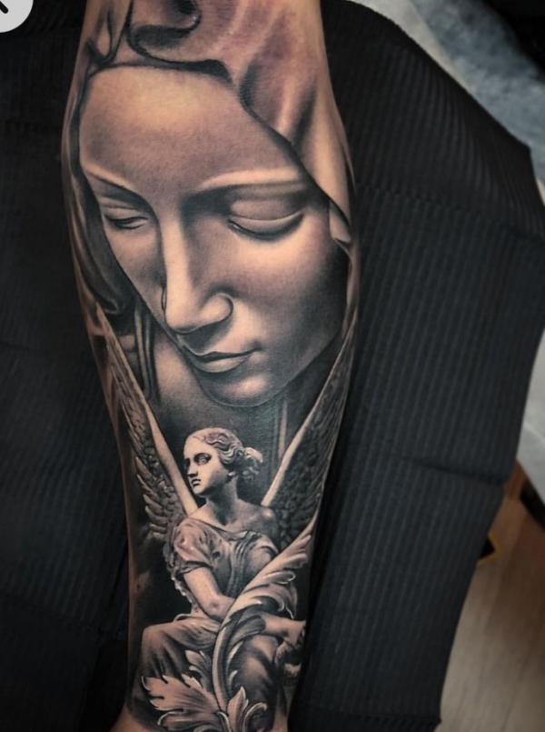 Virgin Mary and guardian angel tattoo