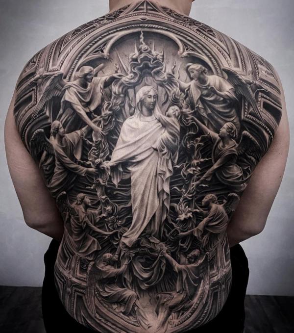 Virgin Mary and guardian angels tattoo full back