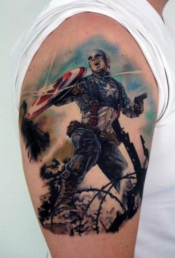 Warrior with captain america shield tattoo