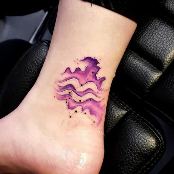 Watercolor Aquarius sign and constellation tattoo ankle